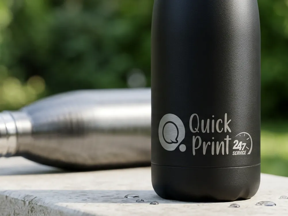 Matte black stainless steel bottle with laser-engraved logo on a concrete ledge, Hyderabad