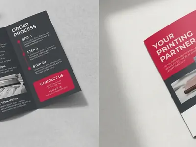 Tri-fold brochure standing open showing machine-creased fold panels, printed in Hyderabad