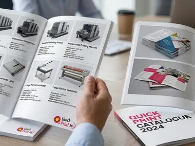Perfect-bound business catalogue held open showing a product spread, printed in Hyderabad