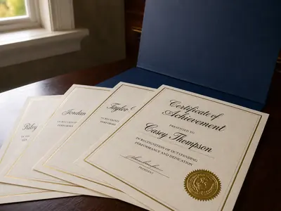 Stack of foil-bordered award certificates with embossed seals and presentation folder, printed in Hyderabad