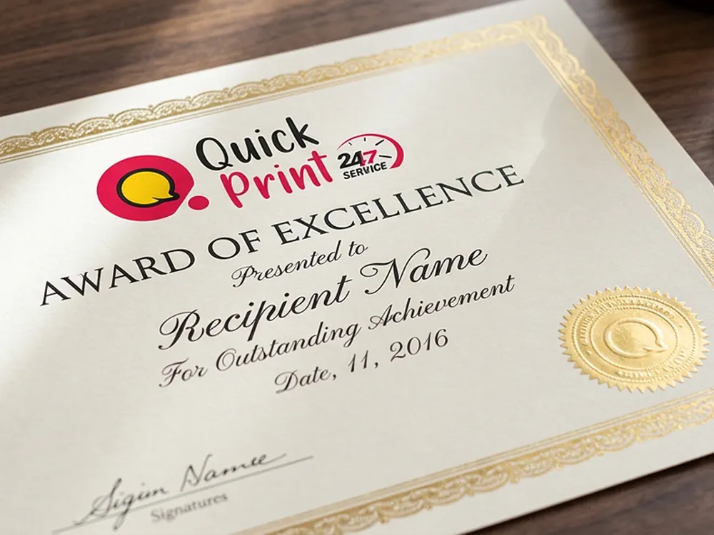 Award certificate on parchment with gold foil border and embossed seal, printed in Hyderabad
