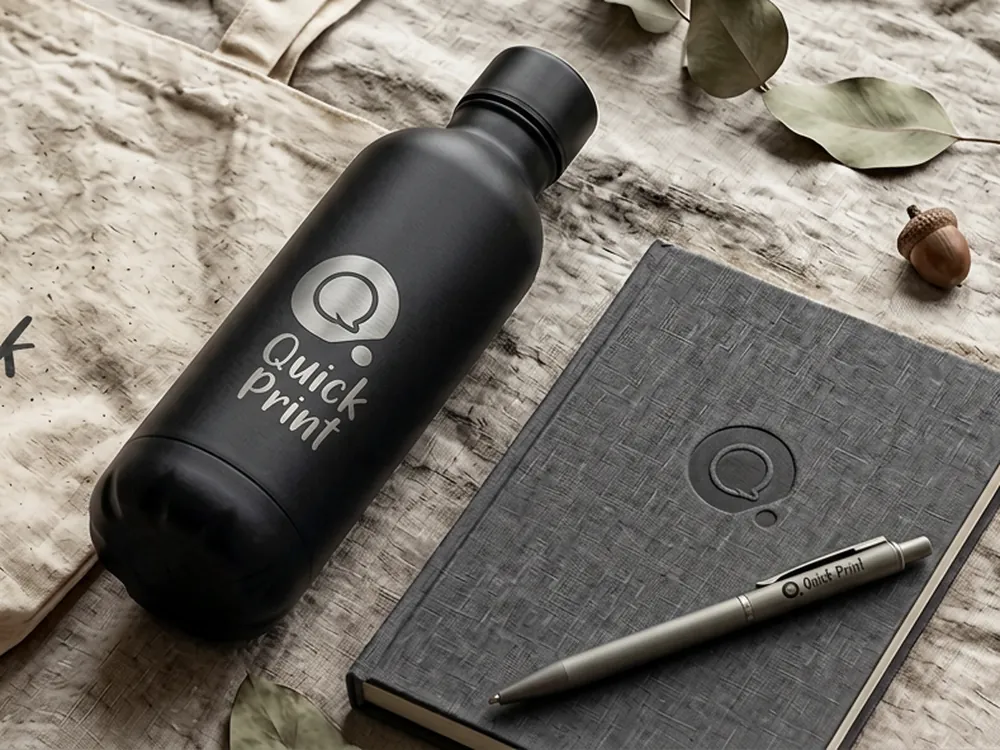 Employee welcome kit flat-lay with tote bag, steel bottle, notebook, pen and lanyard, branded in Hyderabad