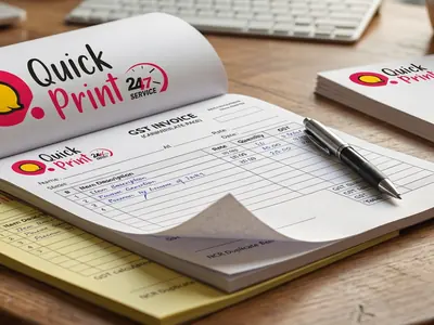 GST invoice bill book with NCR carbonless pages, printed letterheads and envelopes on a Hyderabad office desk