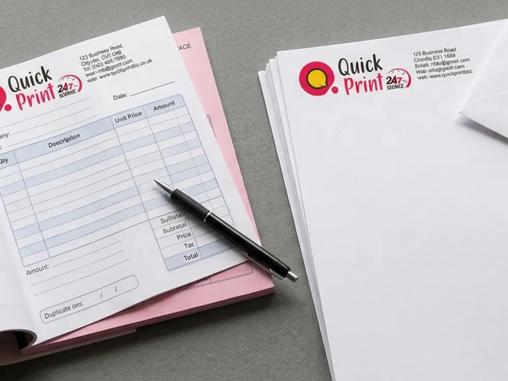 Open NCR carbonless bill book with letterheads and envelope on a desk, printed in Hyderabad