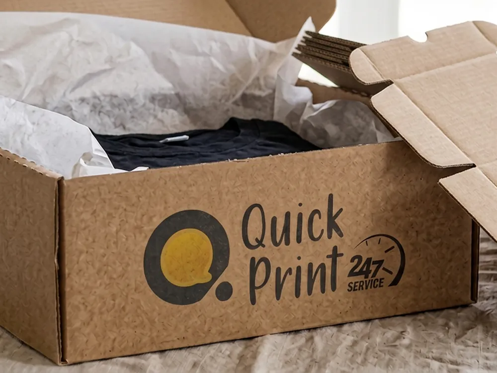 Kraft corrugated mailer box printed with a single-colour logo, open with tissue paper inside, made in Hyderabad
