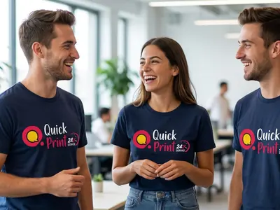 Three colleagues in a Hyderabad office wearing navy custom printed corporate t-shirts with company logo on the chest