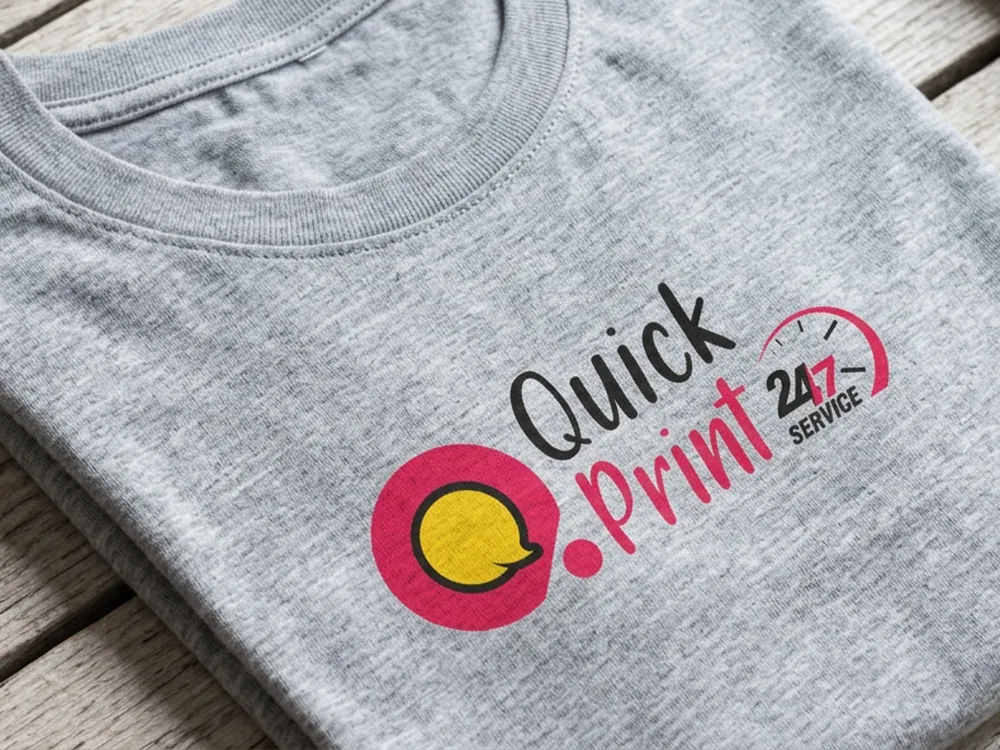 Folded heather grey cotton t-shirt with a small screen-printed chest logo, printed in Hyderabad