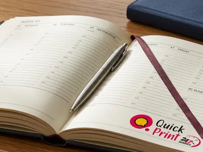 Open personalised diary showing dated weekly inner pages and ribbon marker, printed in Hyderabad