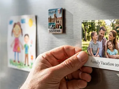 Personalised photo fridge magnet held against a kitchen fridge door, printed in Hyderabad