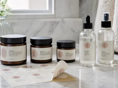 Printed product labels applied to amber cosmetic jars with a die-cut label sheet, Hyderabad