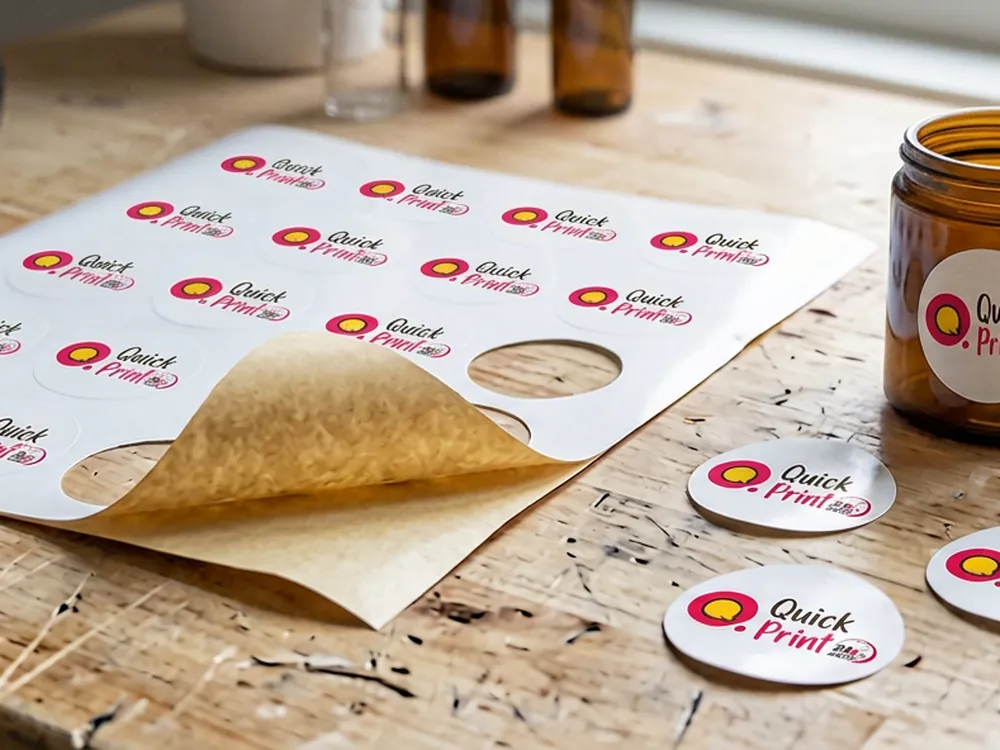 Die-cut vinyl product labels partly peeled from a backing sheet on a workbench, Hyderabad