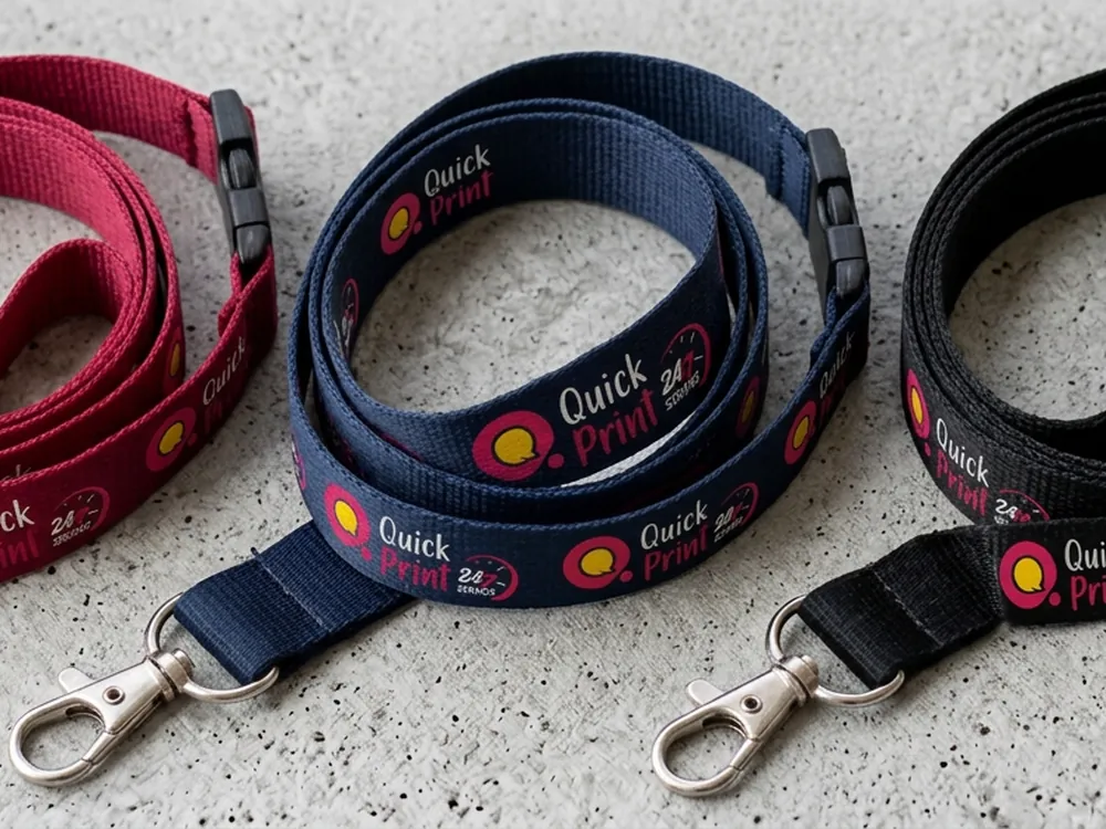 Custom printed polyester lanyards in crimson, navy and black with metal clips, Hyderabad