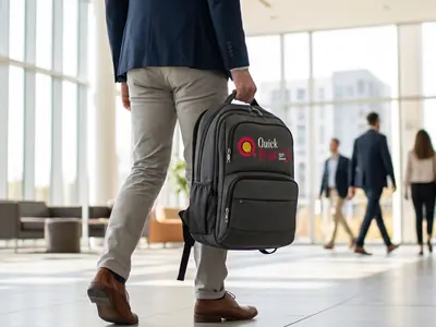 Branded laptop backpack with embroidered logo worn through an office lobby, Hyderabad