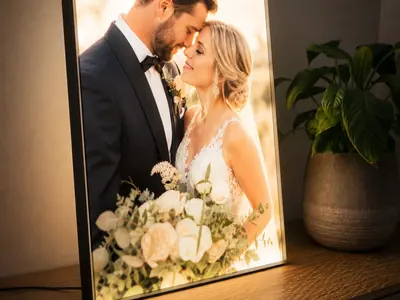 Backlit LED photo frame on a sideboard showing the slim lightbox depth, Hyderabad