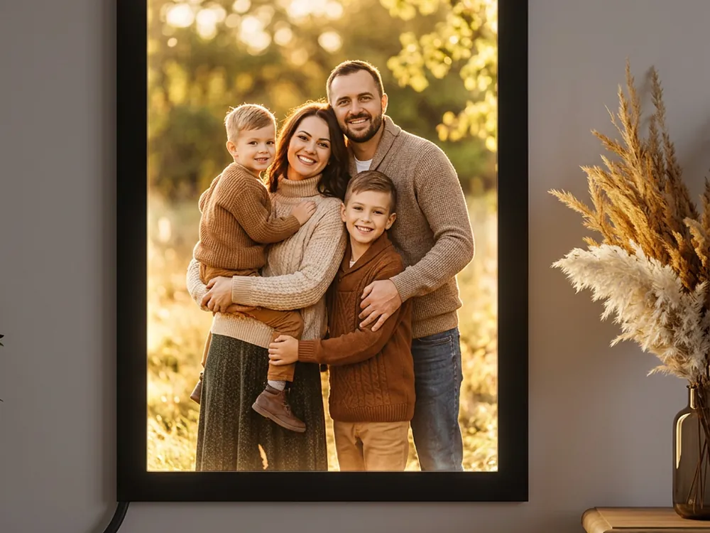 Backlit LED photo frame glowing on a wall with a family portrait illuminated from behind, Hyderabad