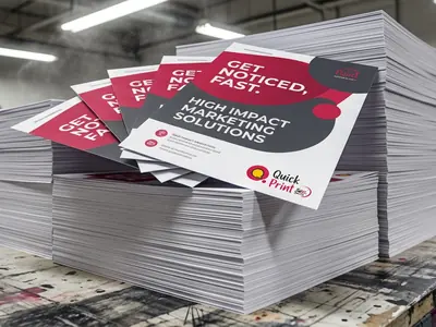 Large stack of freshly printed A5 pamphlets in a Hyderabad print workshop