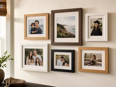 Gallery wall of wooden and MDF photo frames with printed photographs, Hyderabad