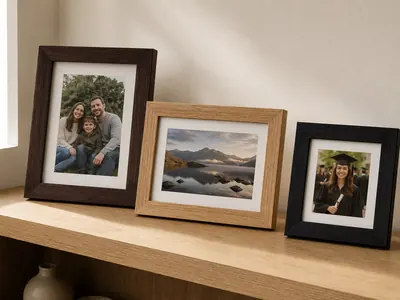 Wooden and MDF photo frames with printed panels on a shelf, printed in Hyderabad