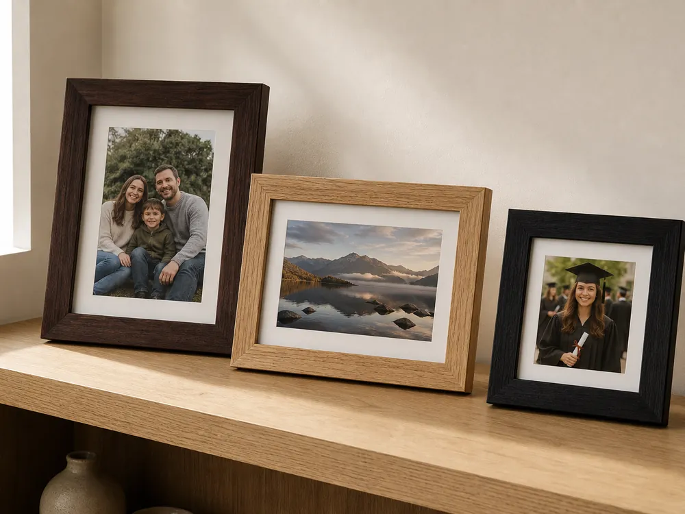 Wooden and MDF photo frames with printed panels on a shelf, printed in Hyderabad