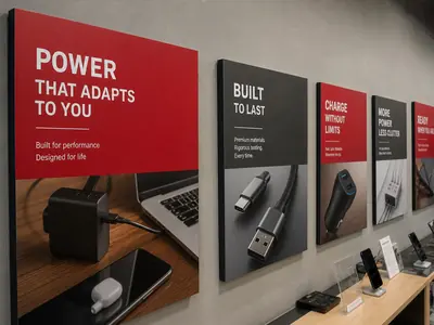 Row of large promotional posters displayed on a retail shop wall, printed in Hyderabad