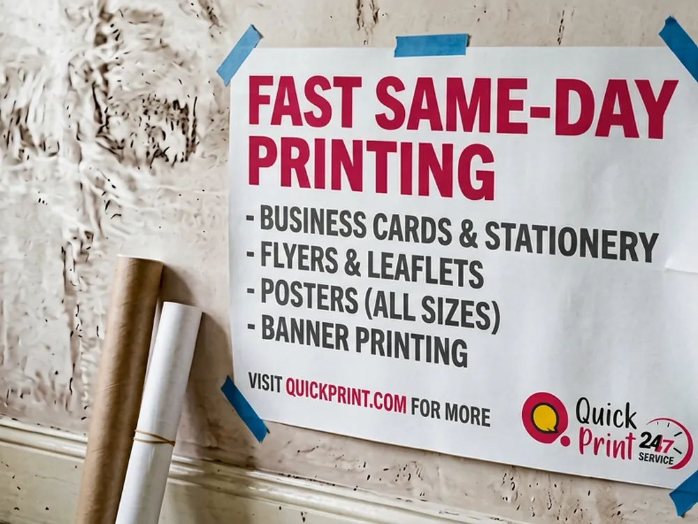Large A1 promotional poster mounted on a wall with a rolled poster below, printed in Hyderabad