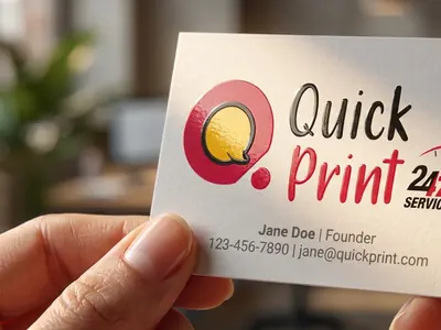 Premium 350 GSM matte business card with spot UV printing held in hand, printed in Hyderabad by QuickPrintt