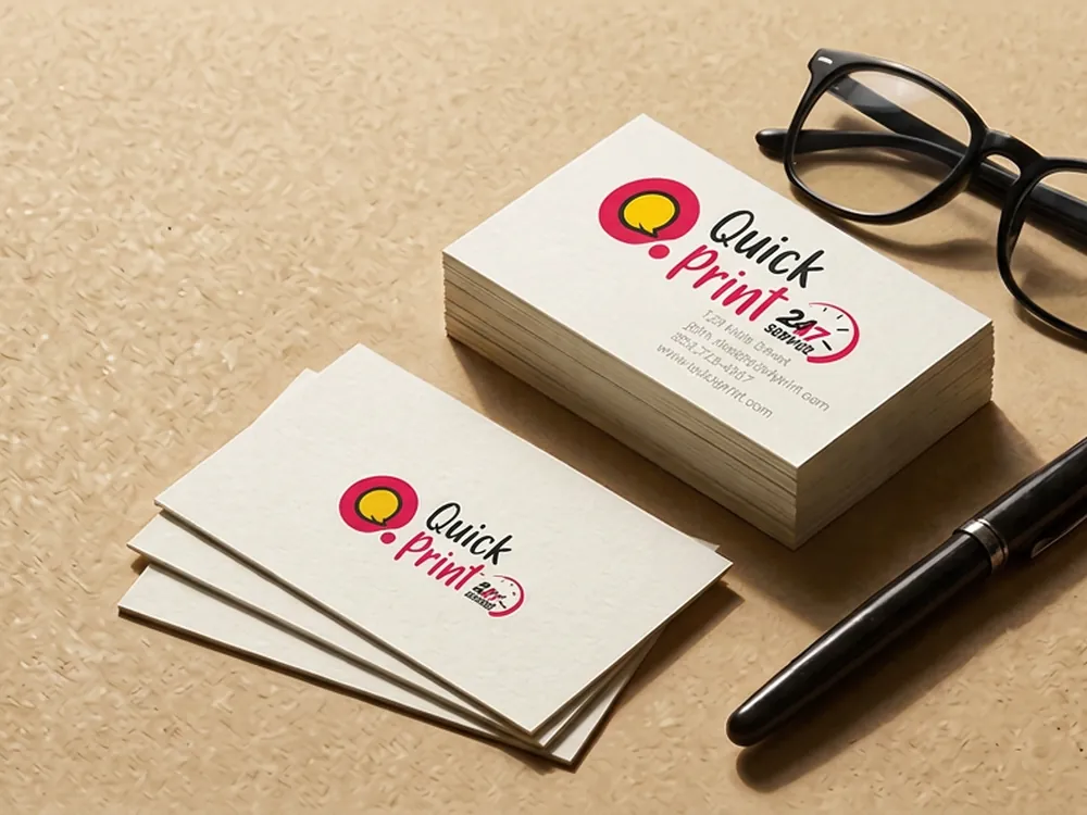 Stack of matte business cards with QuickPrintt logo on a desk with glasses and pen, printed in Hyderabad