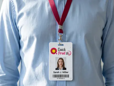 Employee wearing a white PVC identity card with photo and barcode on a crimson lanyard, printed in Hyderabad by QuickPrintt