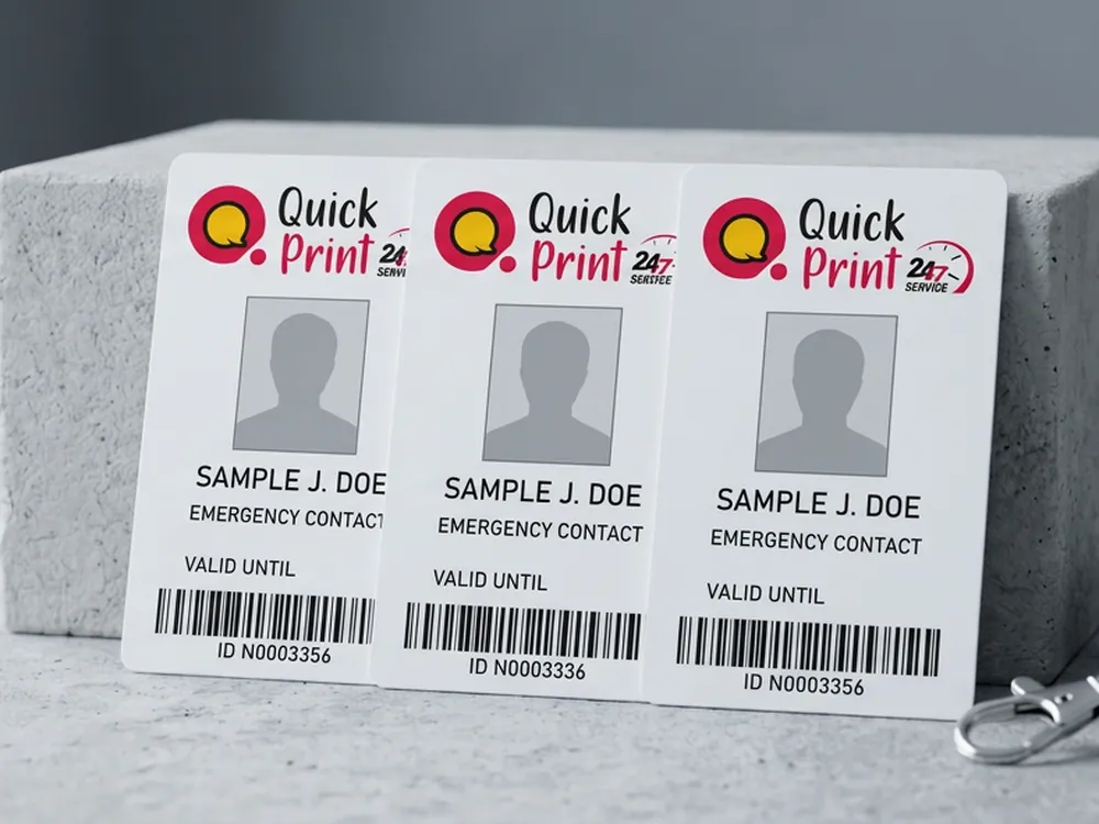 Three white PVC identity cards with photo and barcode propped upright beside a navy lanyard, printed in Hyderabad