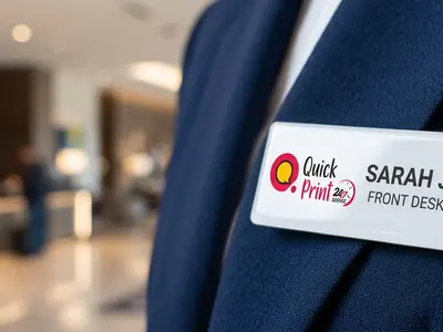 Rectangular acrylic staff name badge with magnetic fitting worn on a hotel uniform, Hyderabad