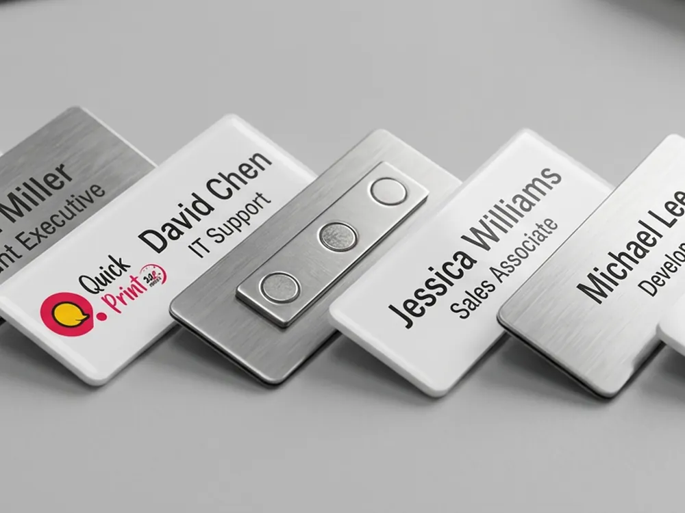 Scatter of round pin badges and acrylic name plates on slate showing pin backs, printed in Hyderabad