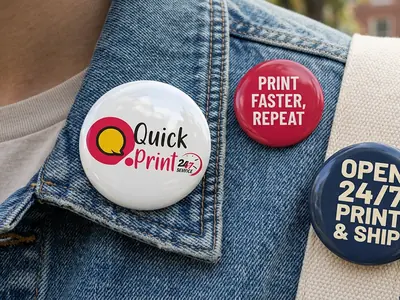 Round button badges pinned to a denim jacket and tote bag, printed in Hyderabad