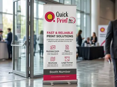 Roll-up standee banner with company branding at the entrance of a Hyderabad corporate conference venue
