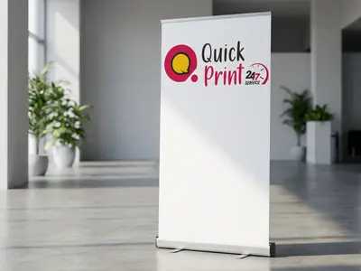 Roll-up standee banner in an office lobby with daylight shadow, printed in Hyderabad