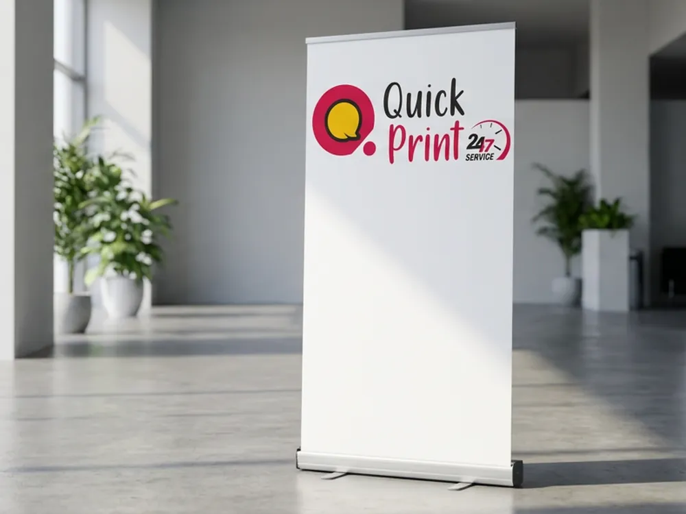 Roll-up standee banner in an office lobby with daylight shadow, printed in Hyderabad
