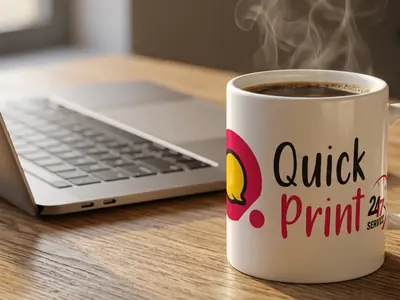 Custom printed white ceramic coffee mug with company logo on a Hyderabad office desk beside a laptop